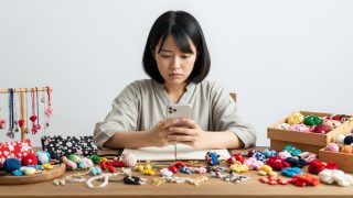 一生懸命投稿しているのに、スマホを見てもなかなか反応がなくて悩んでいる日本人の女性ハンドメイド作家